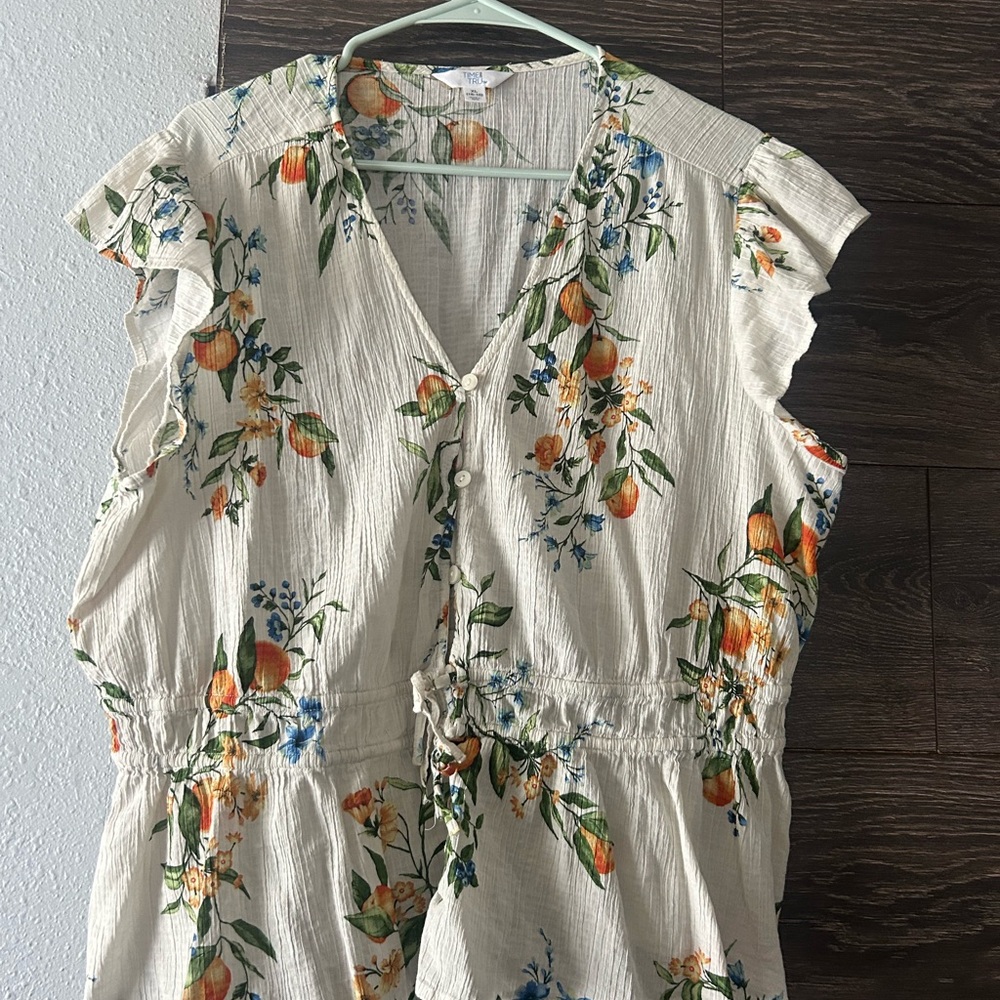 Time and Tru Floral Blouse - Cream with Orange and Green